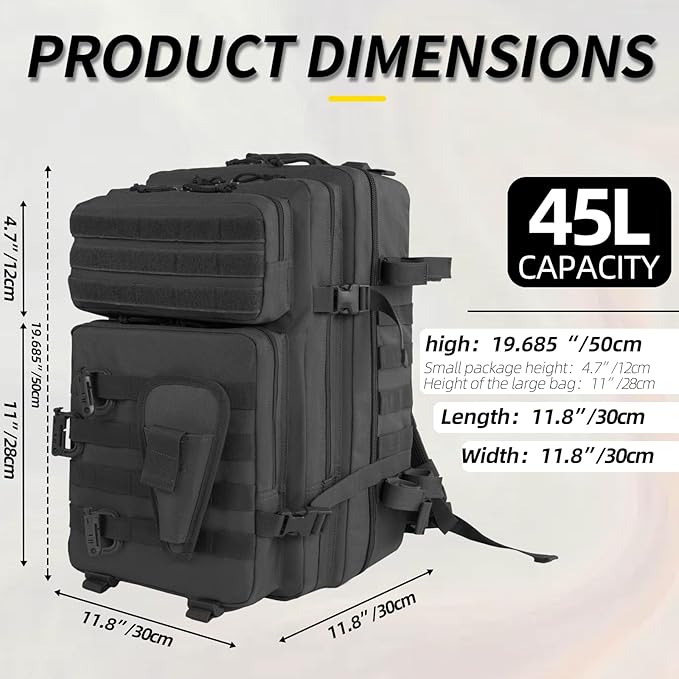 Large 45L Tactical Fishing Tackle Backpack with Removable Plier Holder & Rod Holders Storage Fishing Gear and Equipment Tackle Bag Hiking Backpack Black without Tackle Boxes