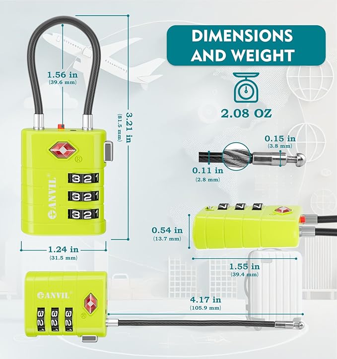 ANVIL TSA Approved Luggage Locks – High Security TSA008 Combination Travel Locks with Inspection Indicator for Suitcases and Backpacks. (2, Grass Green)