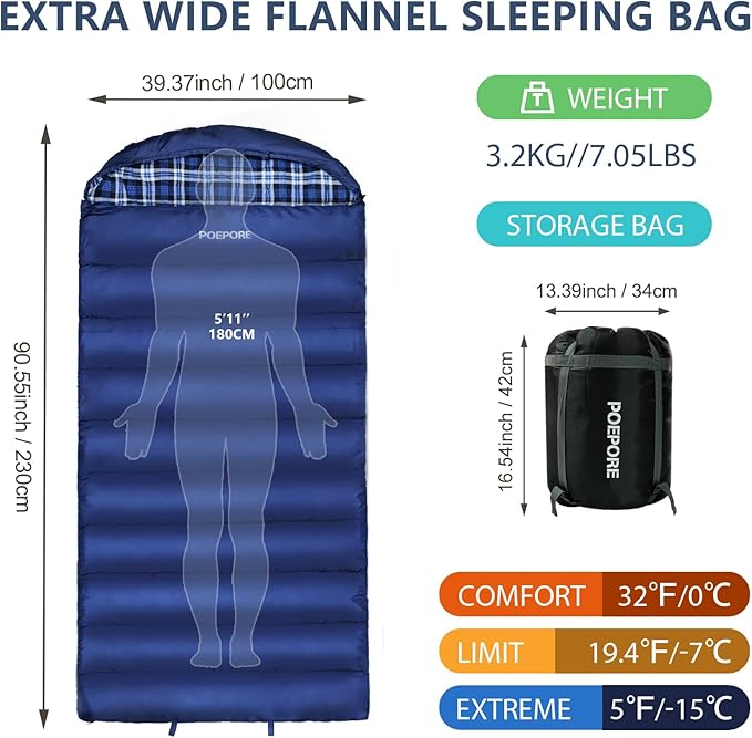 0 Degree Sleeping Bag 100% Cotton Flannel XXL Cold Weather Winter Oversized Sleeping Bag for Adults Camping Zero Degree Big and Tall with Compression Sack