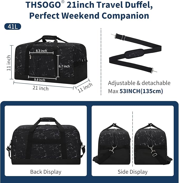 21 inch Gym Bag for Men - 40L Travel Duffel Bag Sport Duffle Bags for Weekend Overnight with Bottom Support (Marble Black）