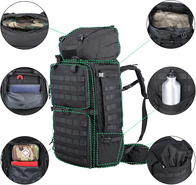 Zsearaymy 75L Hiking MOLLE Backpack with Internal Frame & Rain Cover for Tactical, Camping, Backpacking, Survival Travel (Black)