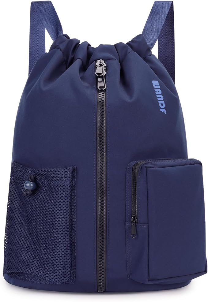 WANDF Drawstring Backpack Sports Gym Bag with Shoes Compartment, Water-Resistant String Beach Sackpack Swim Bag for Women and Men (Navy Blue)