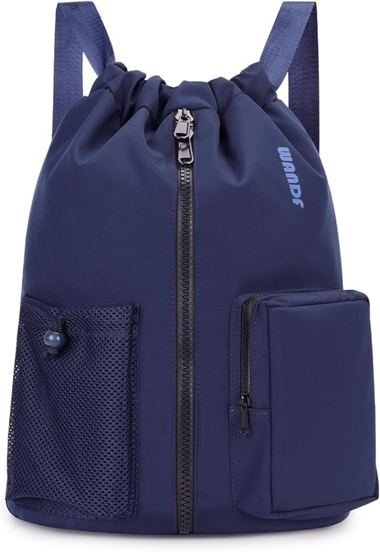 WANDF Drawstring Backpack Sports Gym Bag with Shoes Compartment, Water-Resistant String Beach Sackpack Swim Bag for Women and Men (Navy Blue)