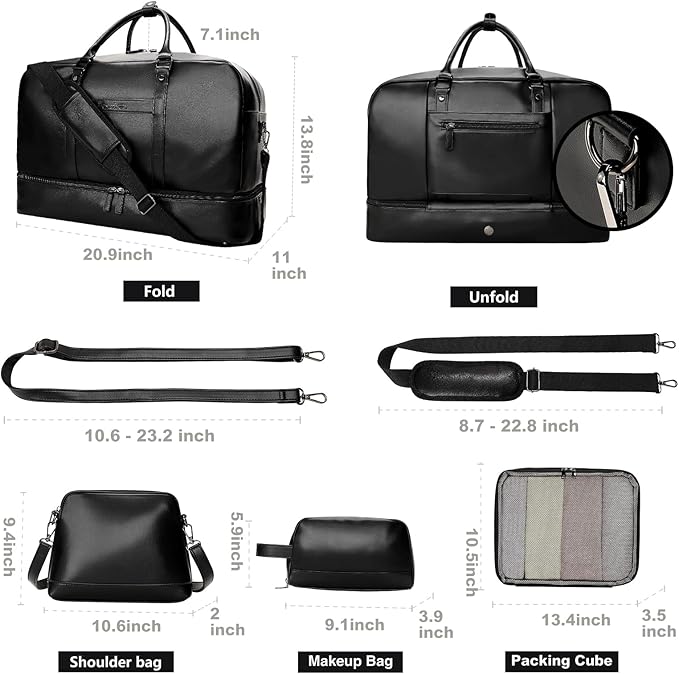 Weekender Bag for Women Men, Large Overnight Bag Faux Leather Travel Duffel Bag with Shoe Compartment Toiletry Packing Cube Carry On Bag Fit 21" Laptop 3Pcs Set (4PCS Black)