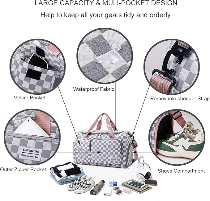 Weekender Duffel Sport Gym Bag Overnight Travel duffle Bags with Shoe Compartment Wet Pocket Tartan-Alpine White