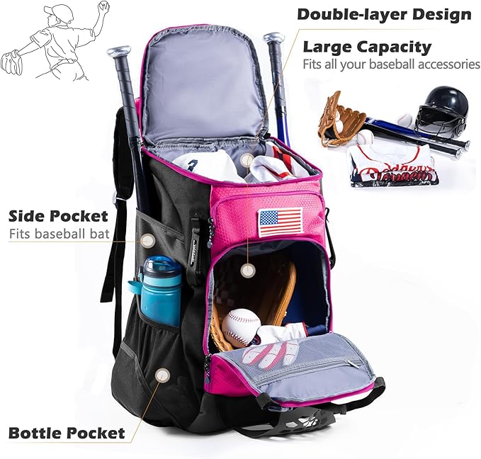 | Baseball Bag Softball Bat Bag, Double-layer Baseball Backpack Adult with Gear Klip To Hold Baseball Glove, Baseball Essential Gear, Youth Baseball Bag for Boys, Girls, Baseball Accessories