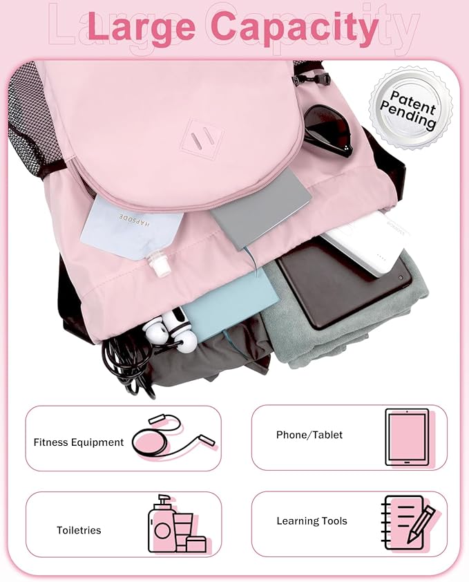 Drawstring Backpack Gym Backpack with Shoe Compartment for Men Women String Sports Bag with Wet Pocket Cinch Swim Beach Bag, Pink (Patent Pending)