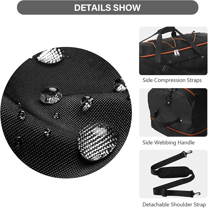 Vomgomfom 32" Soft-Sided Foldable Wheeled Travel Duffel Bag,Expandable 110L to 140L Rolling Cargo Bag with 2 Wheels and Multiple Pockets,Black-orange