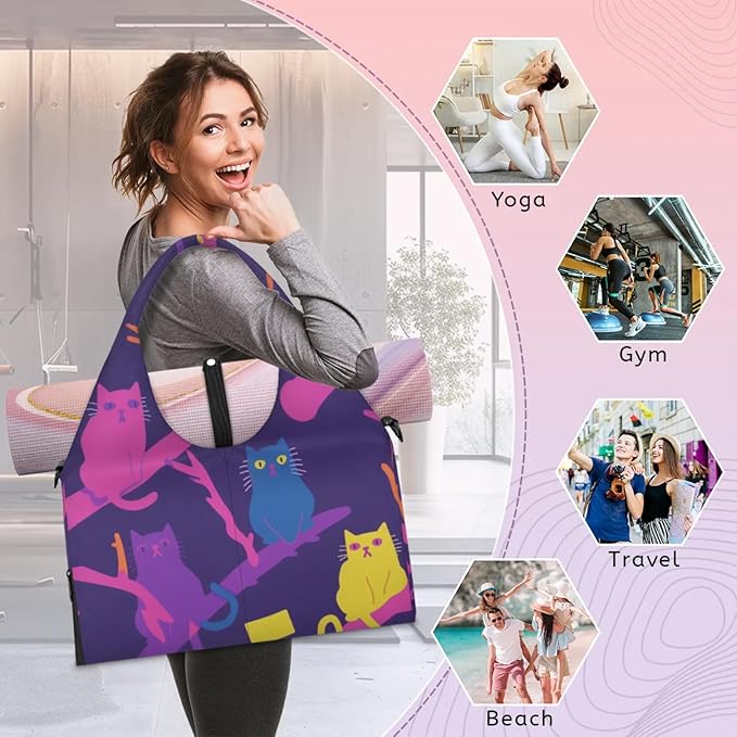 Yoga Gym Bag for Women, Cute Cat Gym Bag with Yoga Mat Holder, Purple Duffel Bag, Sport Bag with Shoe Compartment and Wet Dry Storage Pockets, Suitable for Gym, Travel, Pilates and Beach