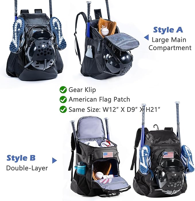 | Baseball Bag Softball Bat Bag, Double-layer Baseball Backpack Adult with Gear Klip To Hold Baseball Glove, Baseball Essential Gear, Youth Baseball Bag for Boys, Girls, Baseball Accessories
