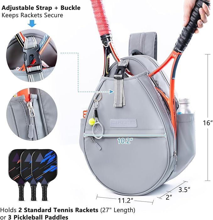 Tennis Backpack with 2 Rackets Holder, Water-Resistant PU Leather Tennis Racket Bag for Women & Men, Sling Crossbody Sports Backpack for Tennis, Pickleball & Badminton, Tennis Gifts