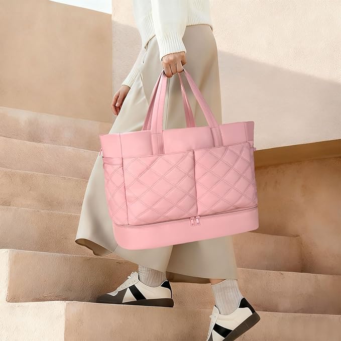 Weekender Bag for Women Men, Large Overnight Bag Faux Leather Travel Duffel Bag with Shoe Compartment Toiletry Packing Cube Carry On Bag Fit 21" Laptop 3Pcs Set (2PCS Pink)