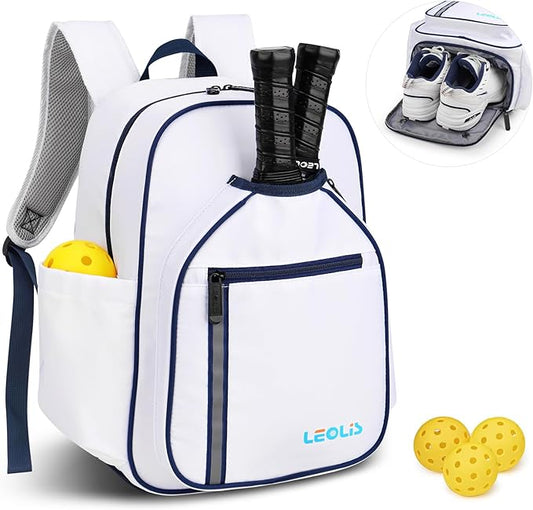 Pickleball Backpack, 30L Pickleball Bag Waterproof Large 3-Racket Tennis Sports Bag with Shoe Compartment & Insulated Pocket, Paddle Holder, Premium Sturdy Durable Bag for Men & Women (White)