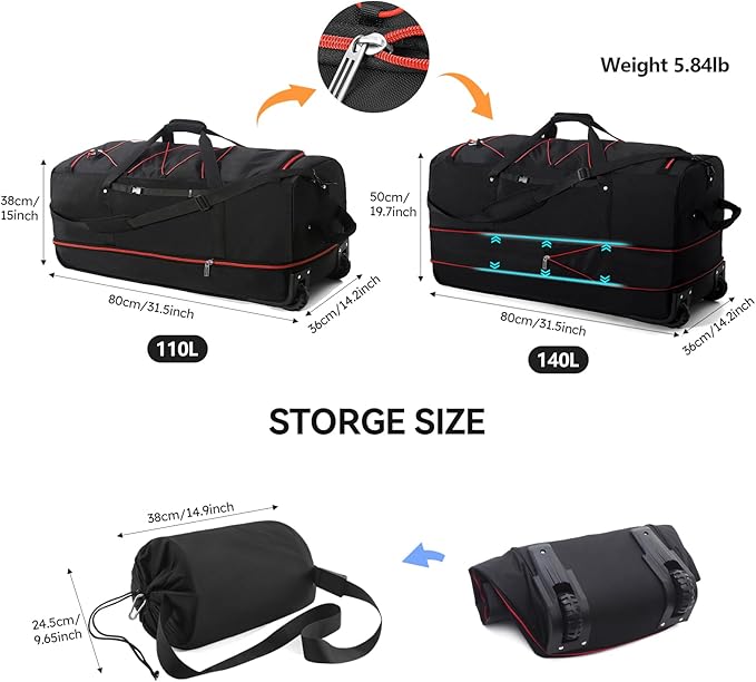 110L/140L Expandable Soft-Sided Foldable Duffle Bag with 2 Rubber Wheels,Packable 32” Rolling Carry-On with Multi-Pockets & Compartments,Black Red