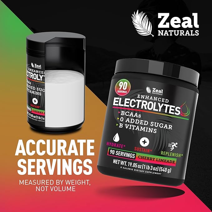 Zeal Electrolyte Powder - 90 Servings | Keto Electrolytes Powder | Zero Sugar, BCAAs, B-Vitamins | Potassium, Zinc, Magnesium | Hydration Powder Recovery Drink | Cherry Limeade