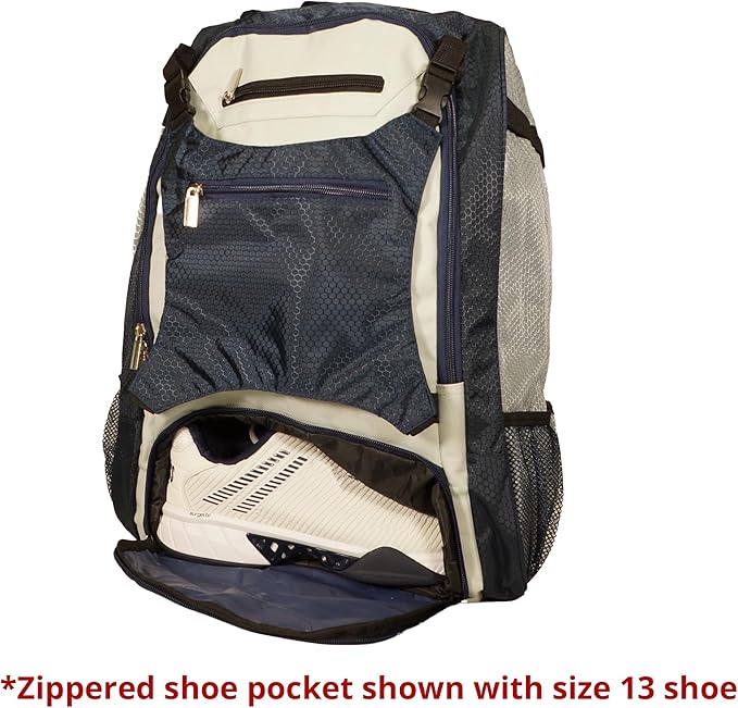 Baseball Backpack with Cleat/Shoe Pocket | Large Capacity | 19.5" T x 14" W x 7.5" D | Holds 4 Bats | External Helmet Storage | 3 Extra Zipper Pockets for Sunglasses, Seeds, Cell Phone (Navy/Gray)