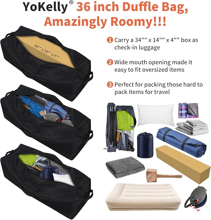 YoKelly 100L Large Duffle Bag - 36 inch Heavy Duty Luggage Bag for Travel/Camping - Black