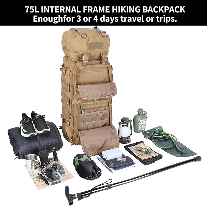 Zsearaymy 75L Hiking MOLLE Backpack with Internal Frame & Rain Cover for Tactical, Camping, Backpacking, Survival Travel (TAN)