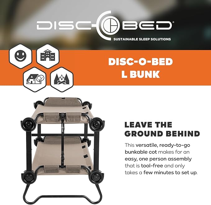 Disc-O-Bed Large Portable Bunk Camping Cots with Carry Bags - Heavy-Duty Indoor or Outdoor Sleeping System, Converts to Bench or Separate Beds, 500 lb Weight Capacity Per Cot