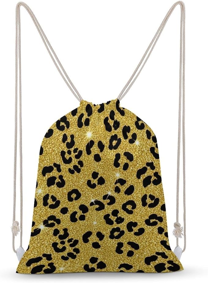Canvas Drawstring Bag for Men Women, Black Gold Glitter Wild Chic Animal Cheetah Leopard Ptint Gym Workout Backpack, Lightweight Drawstring Backpack for Workout Travel