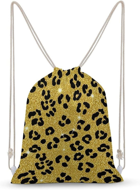 Canvas Drawstring Bag for Men Women, Black Gold Glitter Wild Chic Animal Cheetah Leopard Ptint Gym Workout Backpack, Lightweight Drawstring Backpack for Workout Travel