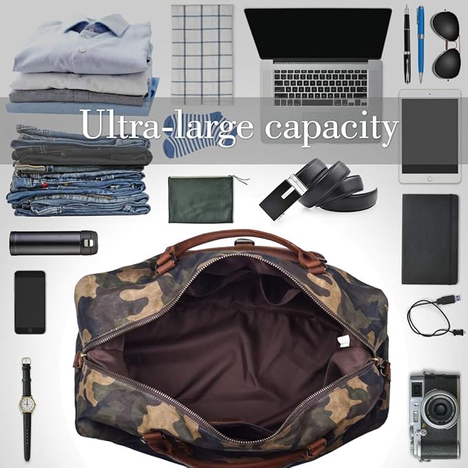 Oversized Travel Duffel Bag Waterproof Canvas Genuine Leather Weekend bag Weekender Overnight Carryon Hand Bag Camo