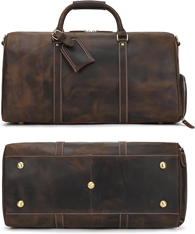 Leather Duffel Bags for Men and Women, 20 Inch Full Grain Leather Travel Overnight Weekend Bags, Dark Brown