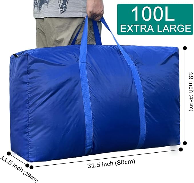 100L Extra Large Storage Bags, Big Moving Bags with Strong Zippers & Carrying Handles, Packing Bags for Moving, Storage, Travel and Camping, Storage Totes For Space Saving (Blue, 4 Pack)