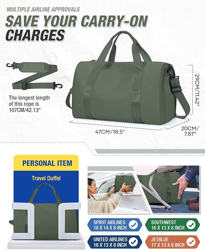 Gym Duffle Bag for Women Carry on Luggage Travel Essentials Airline Approved Personal Item 18x14x8 Inches Lightweight Weekender Sports Travel Duffel Bag with Shoe Compartment Wet Pocket Men Green