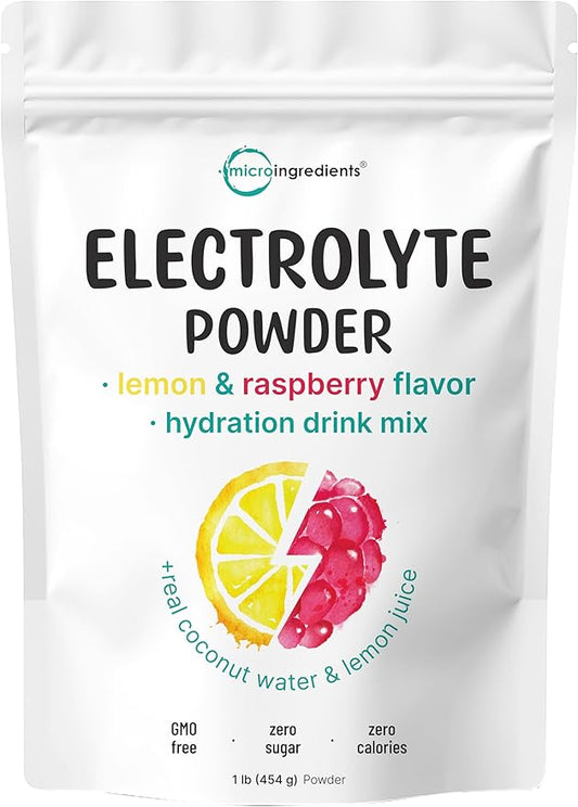 Micro Ingredients Hydration Electrolyte Powder, 1 lb (69 Servings) | Lemon Raspberry Flavor | High Potassium (1,000mg) + Coconut Water & Real Lemon Juice | No Sugar, Keto Friendly | Non-GMO