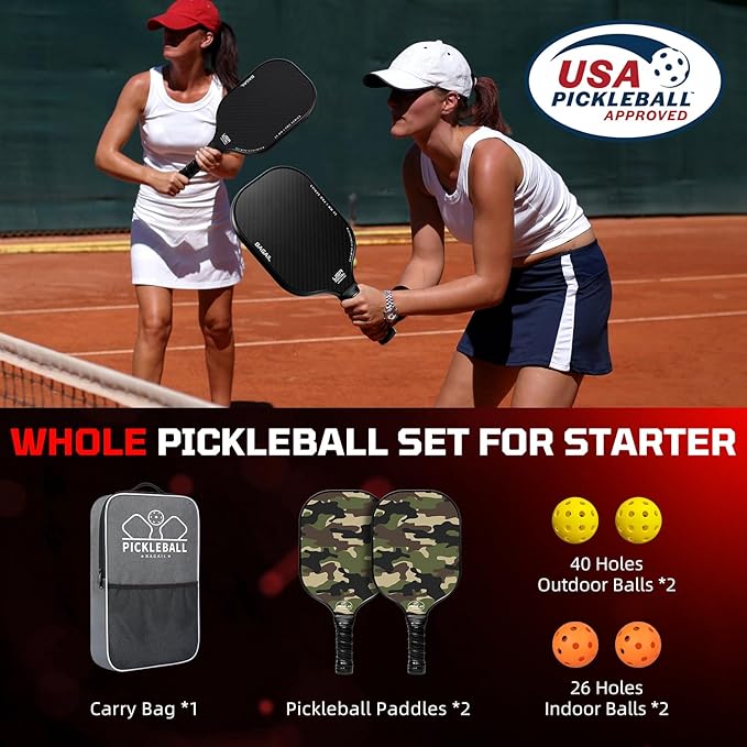 BAGAIL Pickleball Paddles, USAPA Approved Fiberglass Surface Pickleball Set, Lightweight Pickle Ball Rackets with 4 Balls, 1 Bag, Designed in California for Traction and Stability
