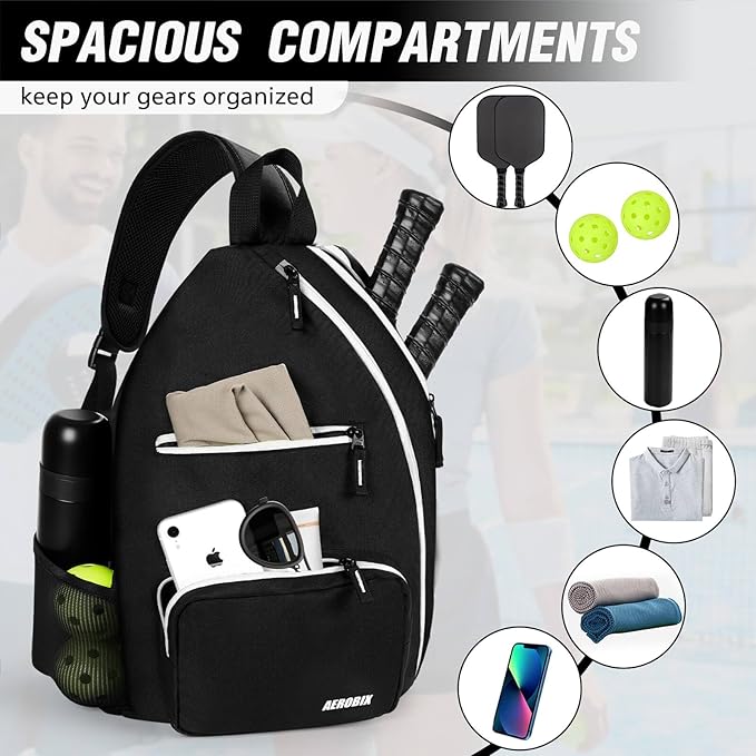 AEROBIX Pickleball Bag for Women & Men, Pickle Ball Backpack - Upgraded Zippers, Large Capacity, Padded Paddle Pocket, Adjustable Sling Bag (No Accessories)