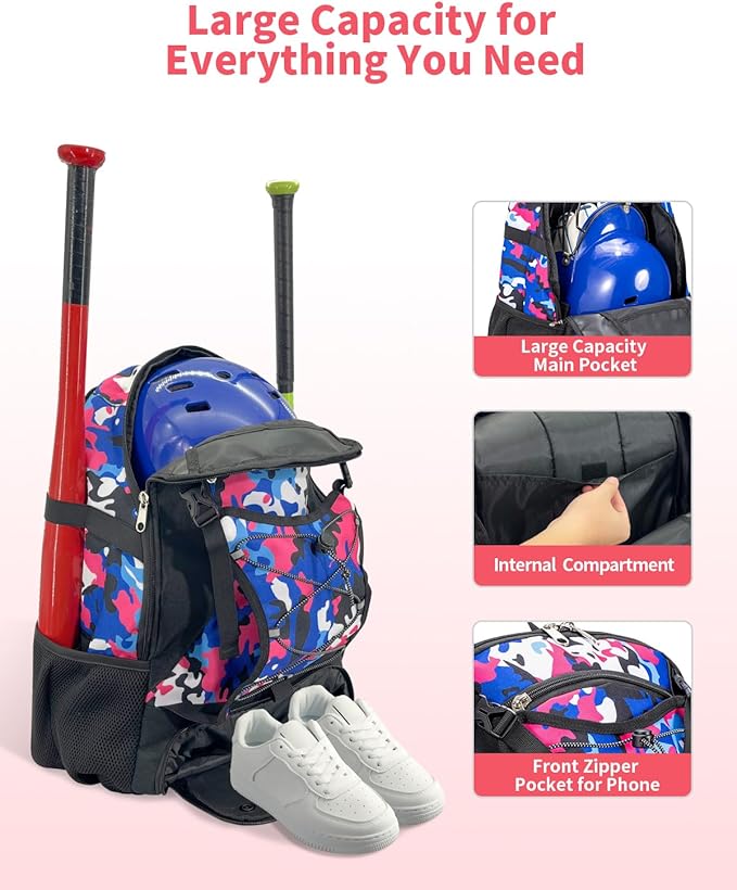 Youth Baseball Bag, Softball Bat Bag for Girls Boys & Adults, Kids Tball Backpack with Shoes Compartment, Large Capacity Equipment Backpack