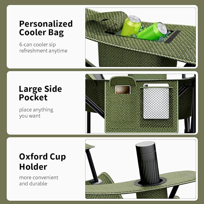 Heavy Duty Folding Chair 500LB Capacity, Oversized Camping Chairs with Cup Holder, Cooler Bag & Storage Pouch, Double-Layer Fabric, Outdoor Chairs for Sports, Lawn Chairs (2, Black Green, Oversized)