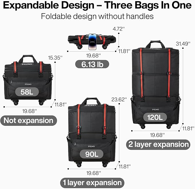 mixi Travel Bag with Wheels Expandable Foldable Luggage Bag Collapsible Rolling Travel Bag Duffel Bag Large Capacity Suitcase for Men Women, Black
