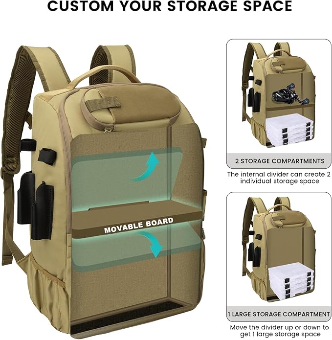 Hp hope Fishing Backpack with Rod Holders & Cooler, 40L Fishing Tackle Bag Fishing Tackle Storage Backpack Fishing Gear for Camping, Khaki
