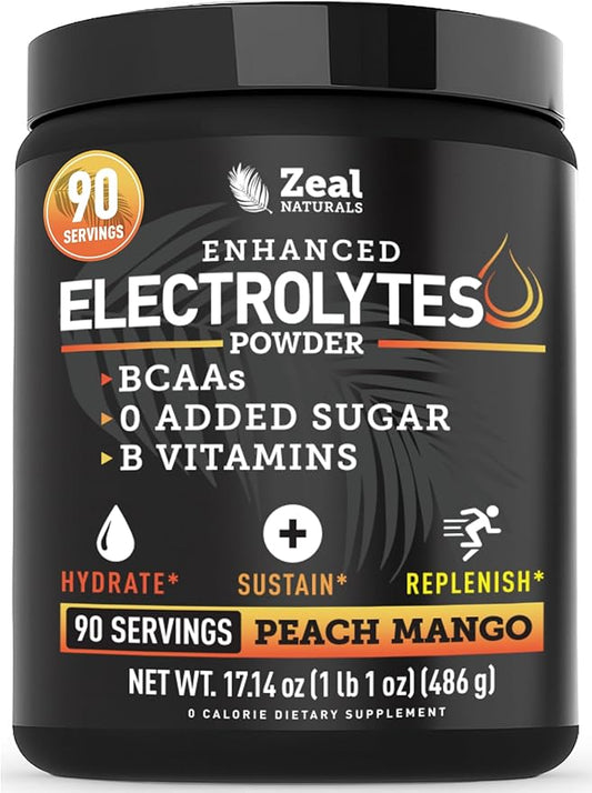 Zeal Electrolyte Powder - 90 Servings | Keto Electrolytes Powder | Zero Sugar, BCAAs, B-Vitamins | Potassium, Zinc, Magnesium | Hydration Powder Recovery Drink | Peach Mango