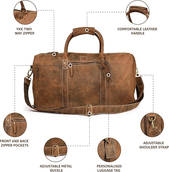 Leather Village Leather Duffel Bags for Men & Women-Stylish Travel Weekender Carry-On Sports Gym Overnight Luggage Bag - 20 Inch - Vintage Brown