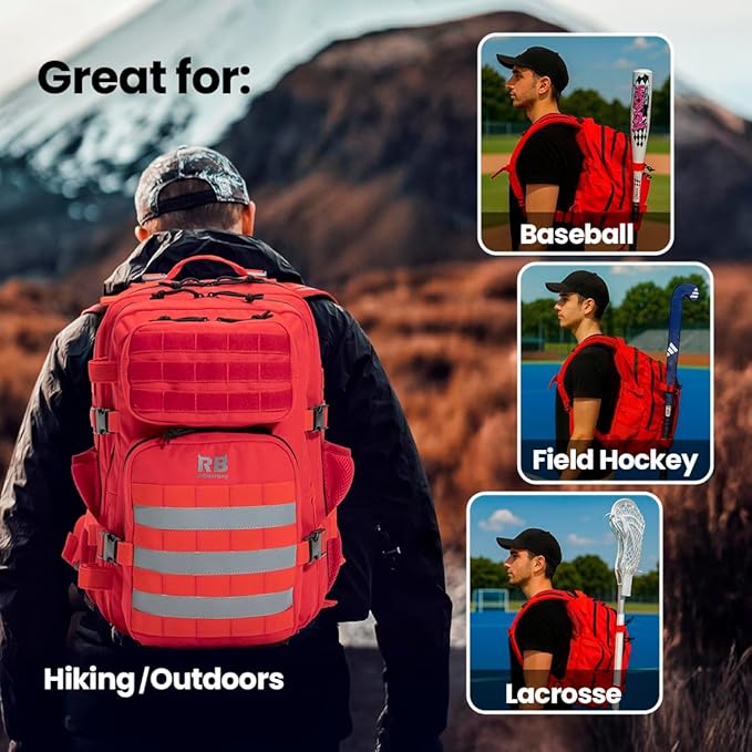 Xtreme 30L Tactical Backpack - Carry-On Travel and Gym Daypack with 16-inch Laptop Sleeve, Stick Holder, Double Bottle Pockets, Recycled-Fabric Shell, Reliable Zippers, Rain Cover (Red)