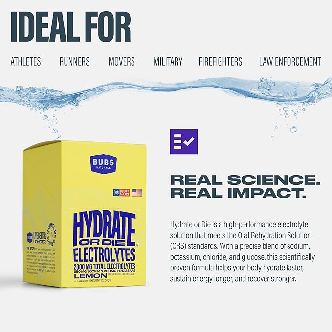 BUBS Naturals - Hydrate or Die Electrolytes Powder Packets for Fast Absorption | Premium 2000mg Electrolyte Powder | for Sports, Recovery & Well-Being (Natural Lemon Flavor, 20 Sticks)