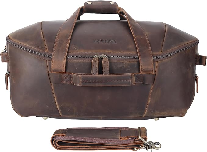 Masa Kawa Leather Duffle Bags for Men Travel Gym Cowhide Weekender Overnight 30L Carry on Luggage Duffel Bag with Dividers Toiletry Wet Pocket, Vintage Brown