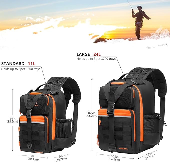 BASSDASH Convertible Fishing Backpack Sling Bag with Rod Holder, Adjustable Tactical Water-Resistant Tackle Storage Pack FP07