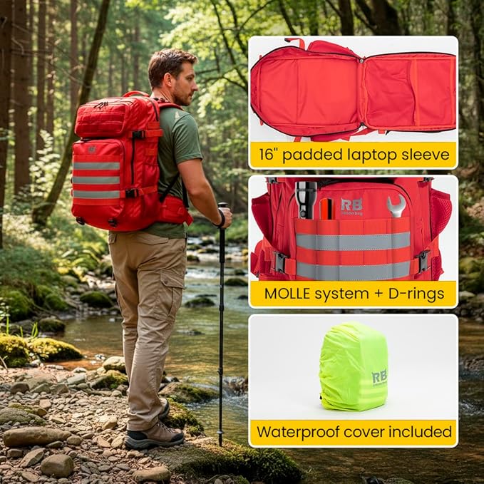 Xtreme 45L Tactical Backpack - Large Travel and Gym Backpack with 16-inch Laptop Sleeve, Stick Holder, Double Bottle Pockets, Recycled-Fabric Shell, Reliable Zippers, Rain Cover (Red)