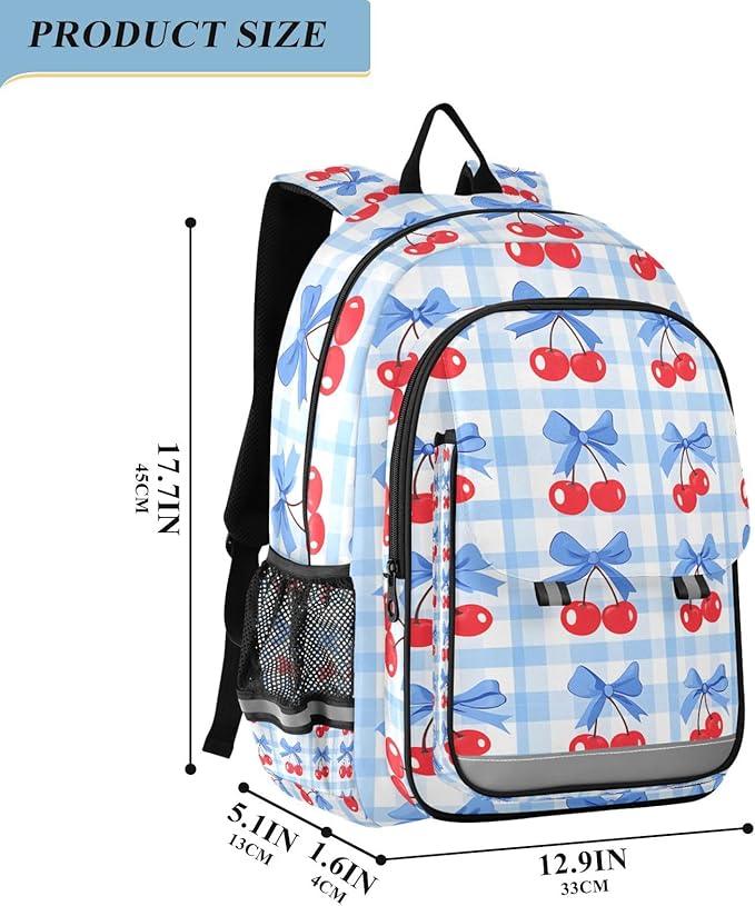 Cherry Blue Bow Buffalo Plaid Laptop Backpack Purse for Women Men School Bag 17 Inch Bookbag Student Boys Girls Travel Casual Daypack