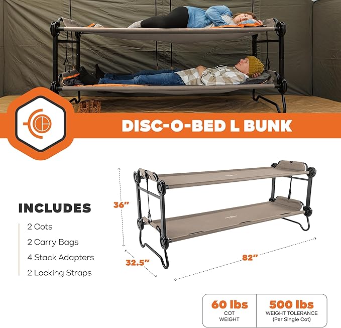 Disc-O-Bed Large Portable Bunk Camping Cots with Carry Bags - Heavy-Duty Indoor or Outdoor Sleeping System, Converts to Bench or Separate Beds, 500 lb Weight Capacity Per Cot