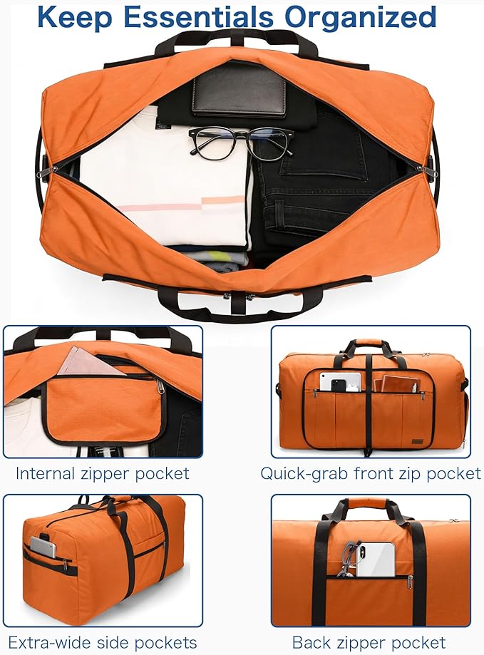 100L Travel Duffle Bag for Men, Urtala 32” Large Duffle Bag for Traveling with Shoe Compartment, Foldable Travel Duffel Bag for Men Women Waterproof & Tear Resistant (Orange, EXTRA LARGE, 100L)