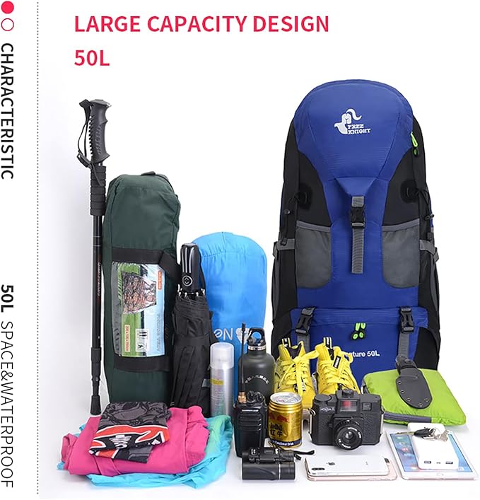 Bseash 50L Hiking Backpack, Water Resistant Lightweight Outdoor Sport Daypack Travel Bag for Camping Climbing Skiing Cycling (Blue - No Shoe Compartment)