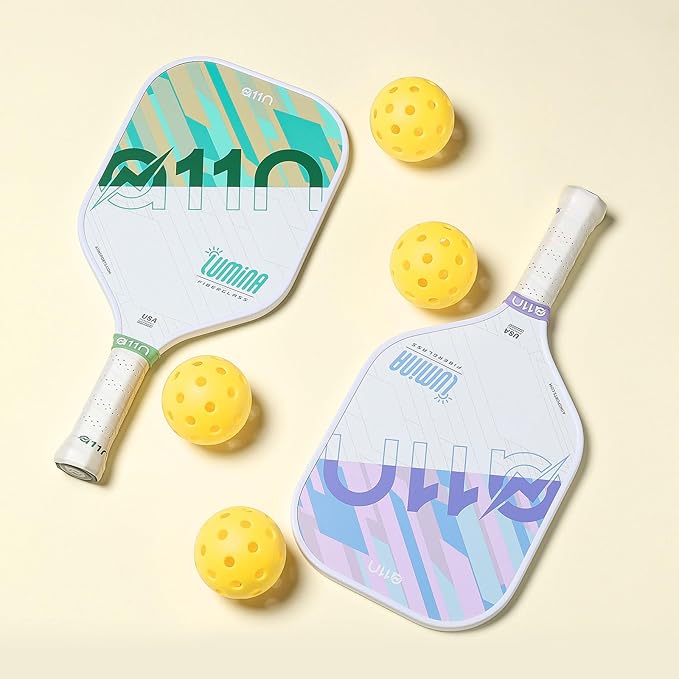 A11N Pickleball Paddles Set of 4 Fiberglass Surface Rackets with 4 Balls and a Bag for Beginners - USAPA Approved, Green & Purple
