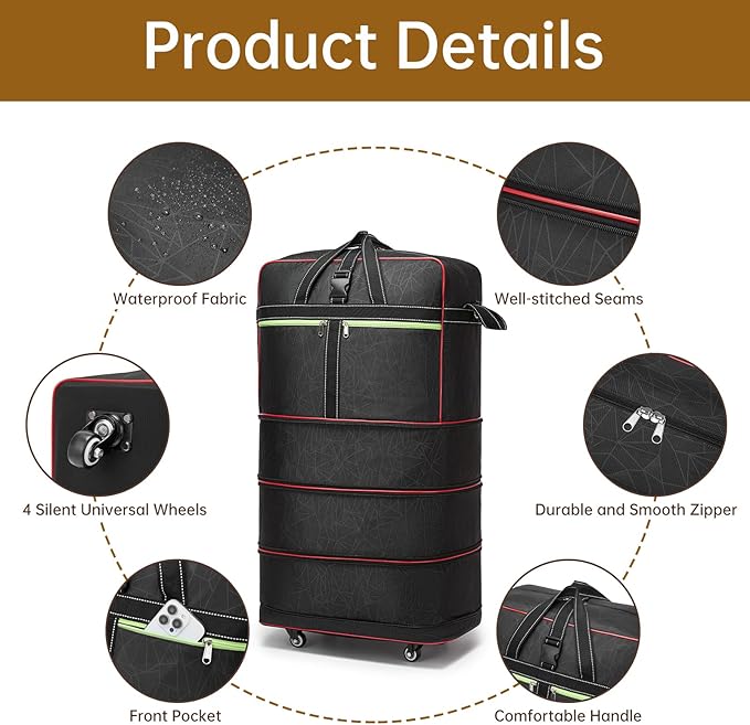 Foldable Duffel Bag,Large Expandable Rolling Travel Duffle Bag with Wheels Waterproof Collapsible Luggage Carry on Duffel Bag with Wheels and Handle, Black