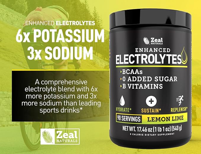 Zeal Electrolyte Powder - 90 Servings | Keto Electrolytes Powder | Zero Sugar, BCAAs, B-Vitamins | Potassium, Zinc, Magnesium | Hydration Powder Recovery Drink | Lemon Lime